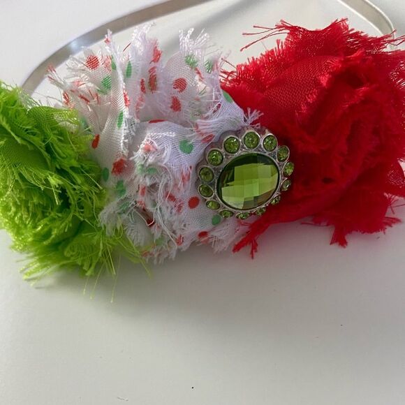 Red Green and White Boutique Christmas Frayed Rossette Headband with Rhinestone - Picture 6 of 9